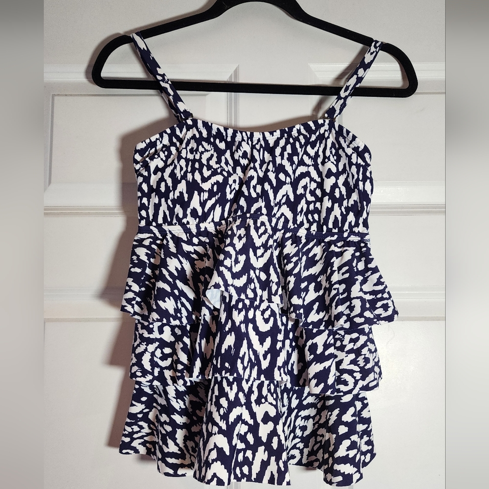 NWT Island Escape Blue And White Ruffle Layered Tankini Top Waist Minimizer Sz 8